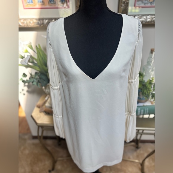 BeBe PLUNGING OFF WHITE V-NECK MINI SHIFT DRESS SHEER SLEEVES FORMAL NWT SZ M - Picture 14 of 14